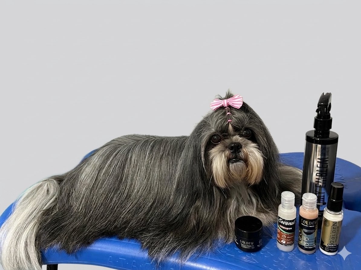 Shih-tzu com pelos sedosos após hidratação profunda no Pet's Day, produtos premium ao lado